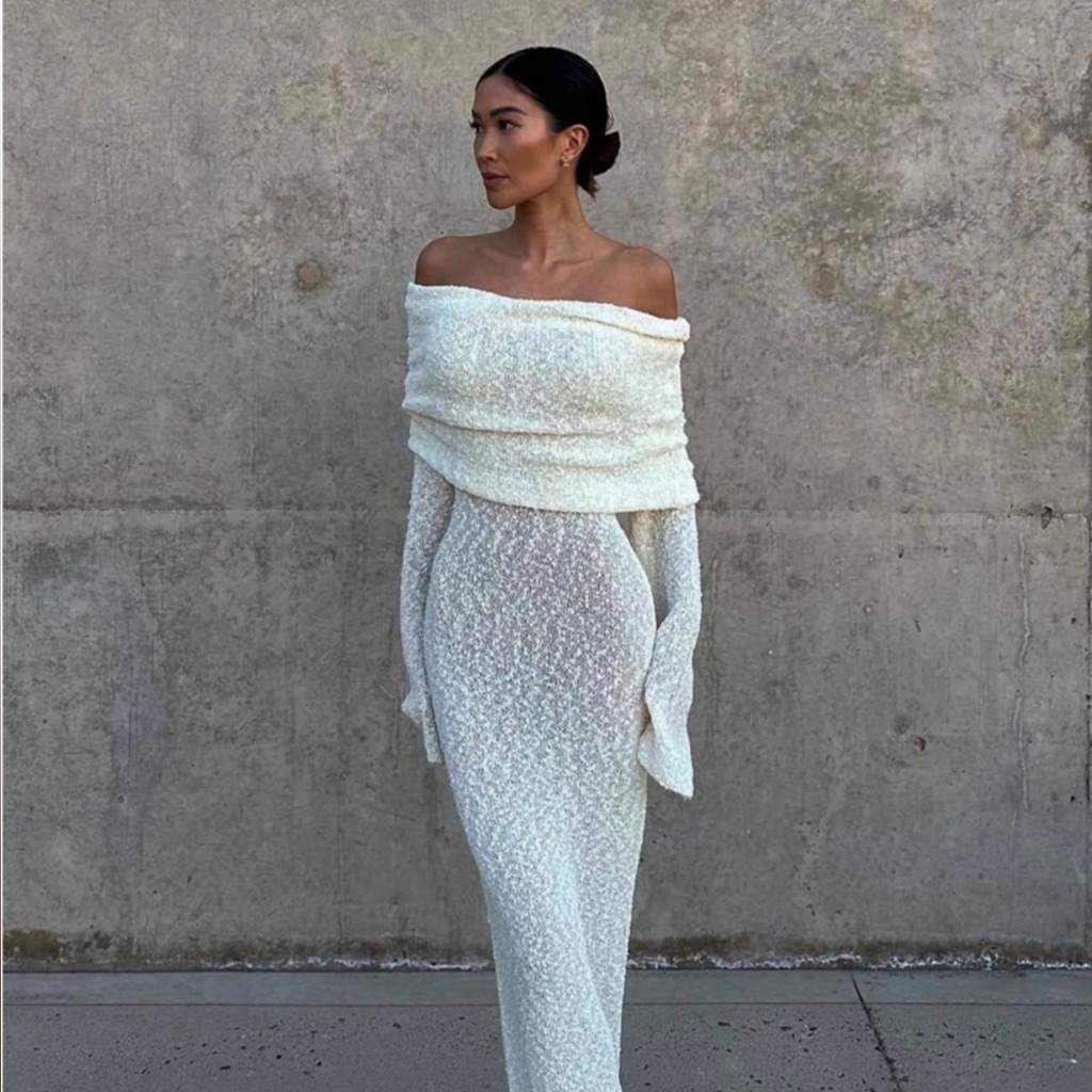 Off-Shoulder Knit Maxi Dress In Ivory